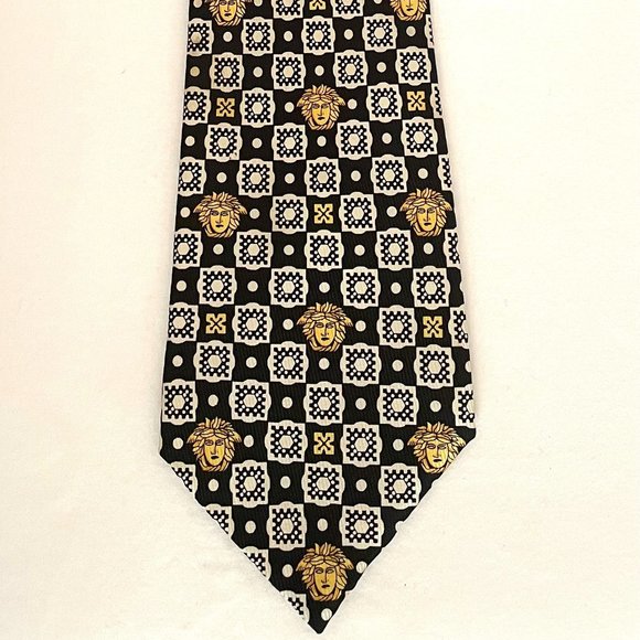 GIANNI VERSACE - Black,White, Gold squares silk tie - Picture 1 of 4